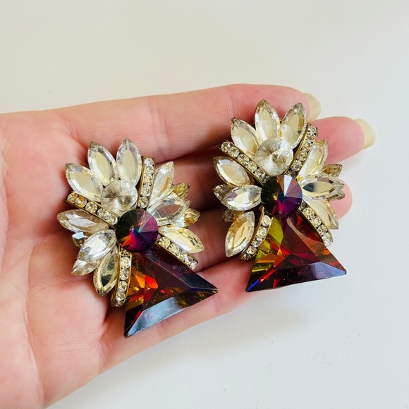 VTG Designs By SD Earrings Austrian Crystal rhinestone clip rivoli watermelon - Picture 1 of 7